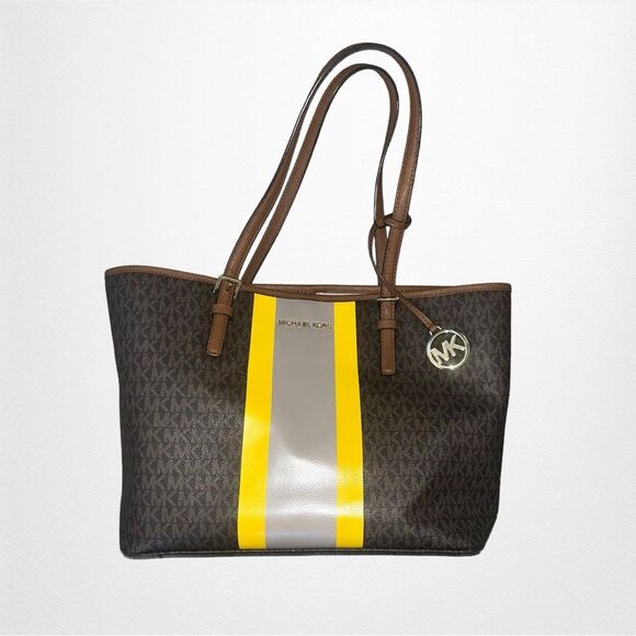 Michael Kors Jet Set Travel Tote Medium Logo Brown with Yellow/Taupe Stripe - Picture 1 of 8